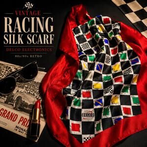 Vintage Delco Electronics Racing Silk Scarf 80s 90s Checkered Retro Statement